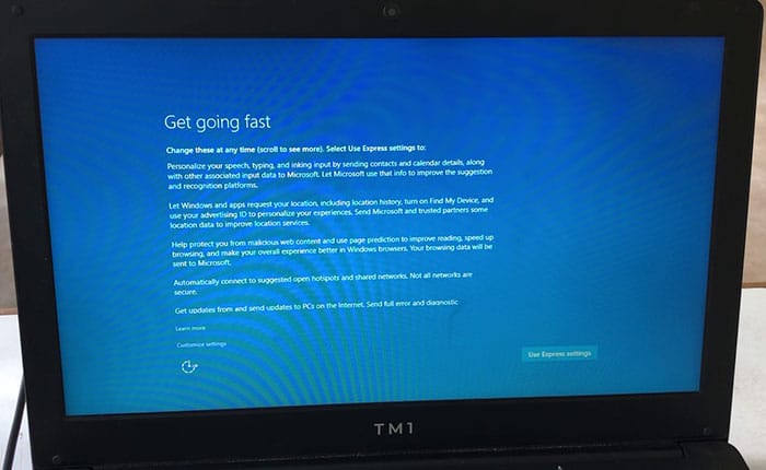 Windows welcome walk-through setup on tm1 laptop