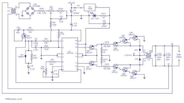 Powerful 250W PWM inverter circuit using SG3524 and BJT - DIY